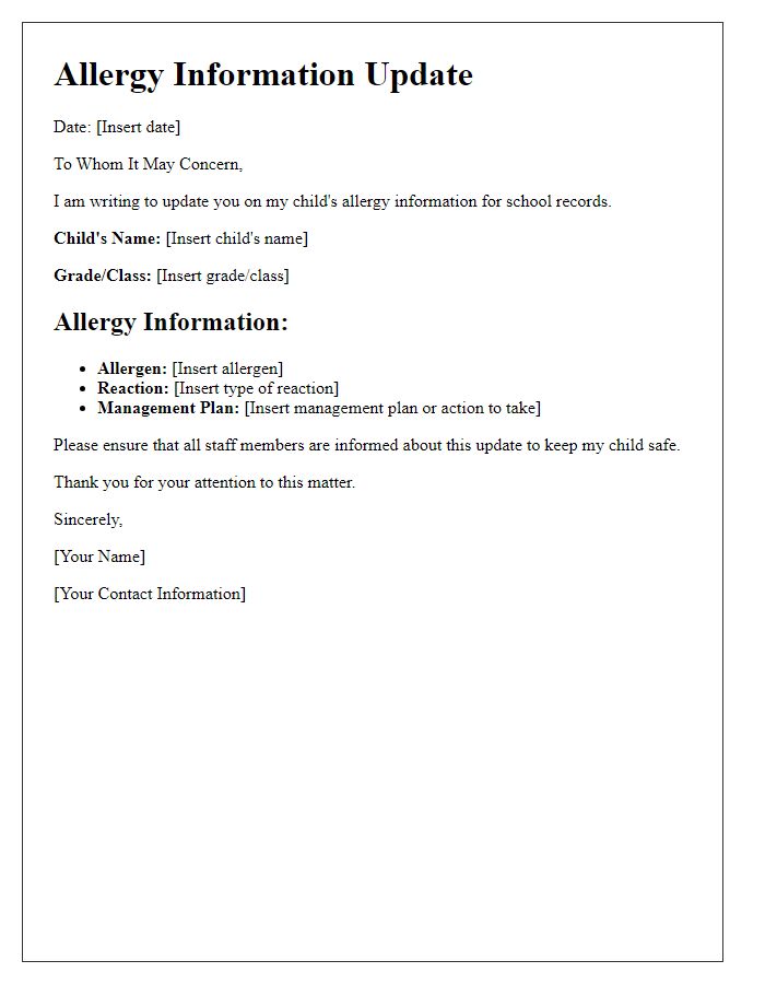 Letter template of allergy information update for school records