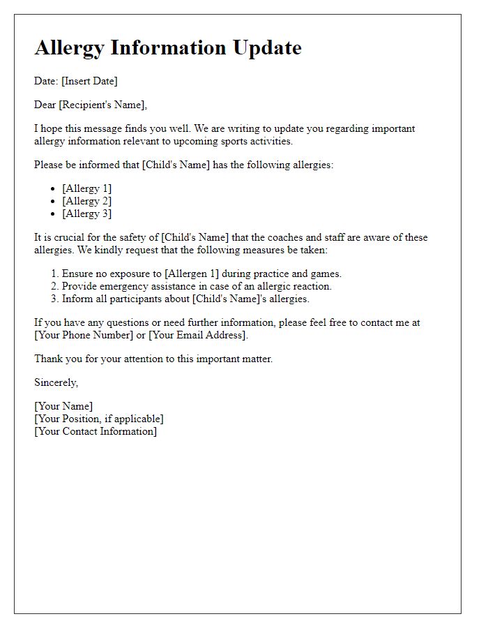 Letter template of allergy information update for sports activities