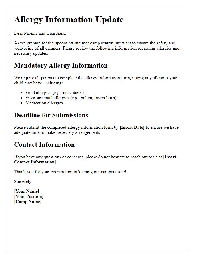 Letter template of allergy information update for summer camps