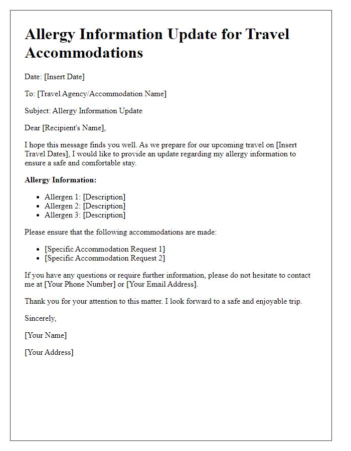 Letter template of allergy information update for travel accommodations