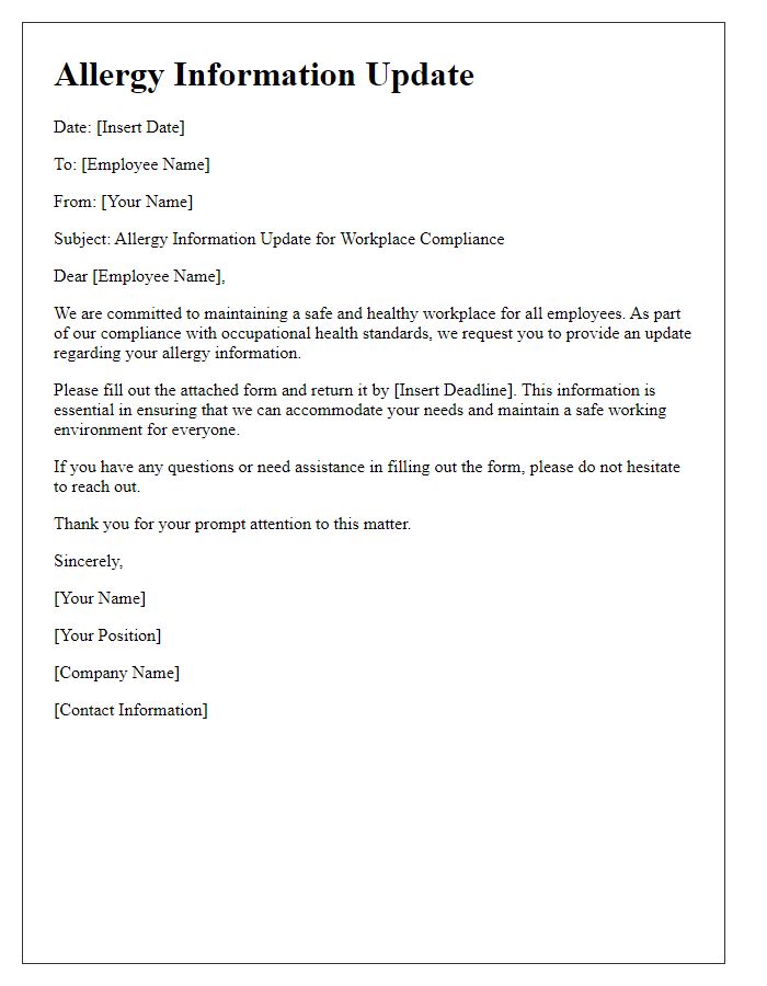 Letter template of allergy information update for workplace compliance