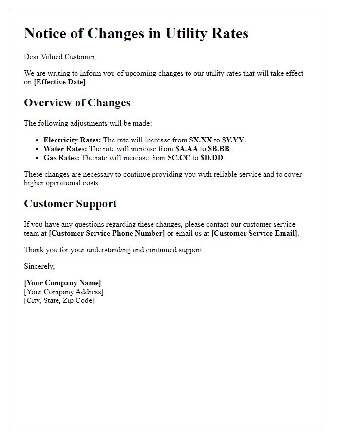 Letter template of changes in utility rates overview.