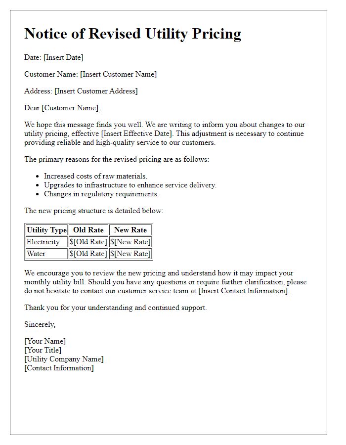 Letter template of revised utility pricing explanation.