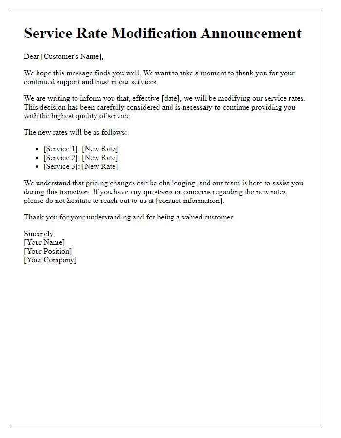 Letter template of service rate modification announcement.