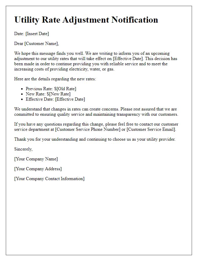 Letter template of utility rate adjustment notification.