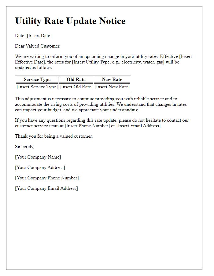 Letter template of utility rate update notice.