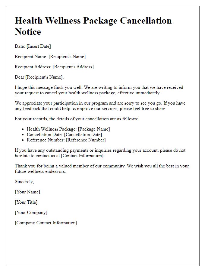 Letter template of a health wellness package cancellation notice