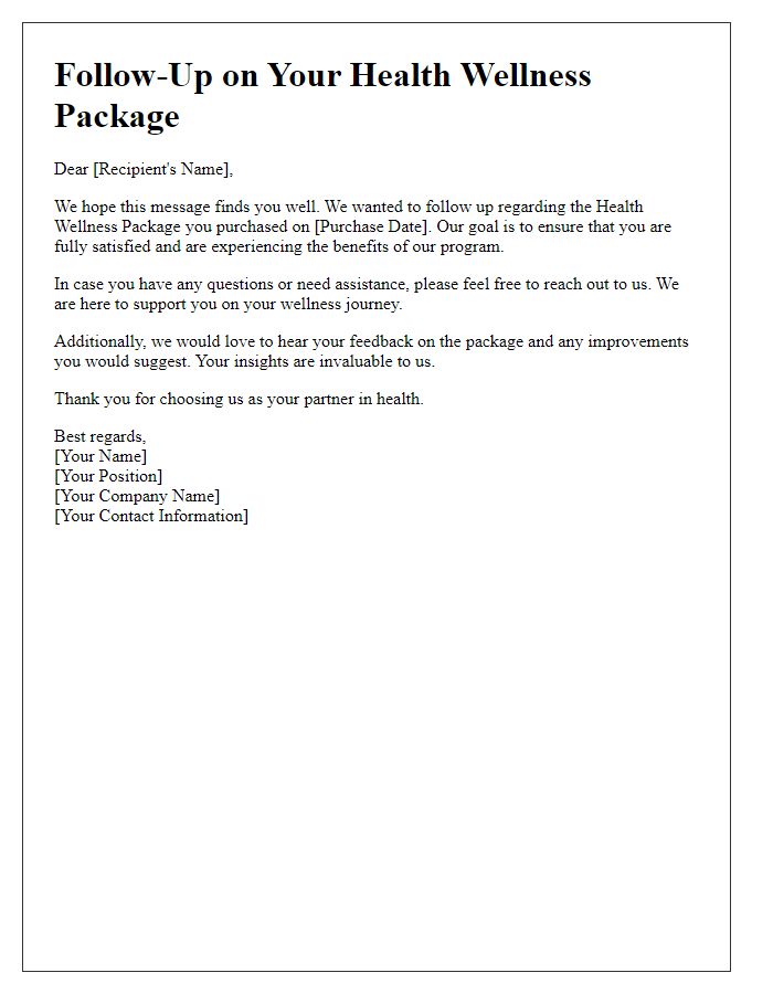 Letter template of a health wellness package follow-up communication