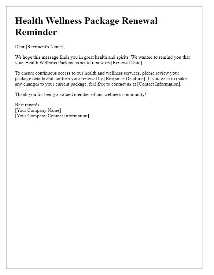 Letter template of a health wellness package renewal reminder