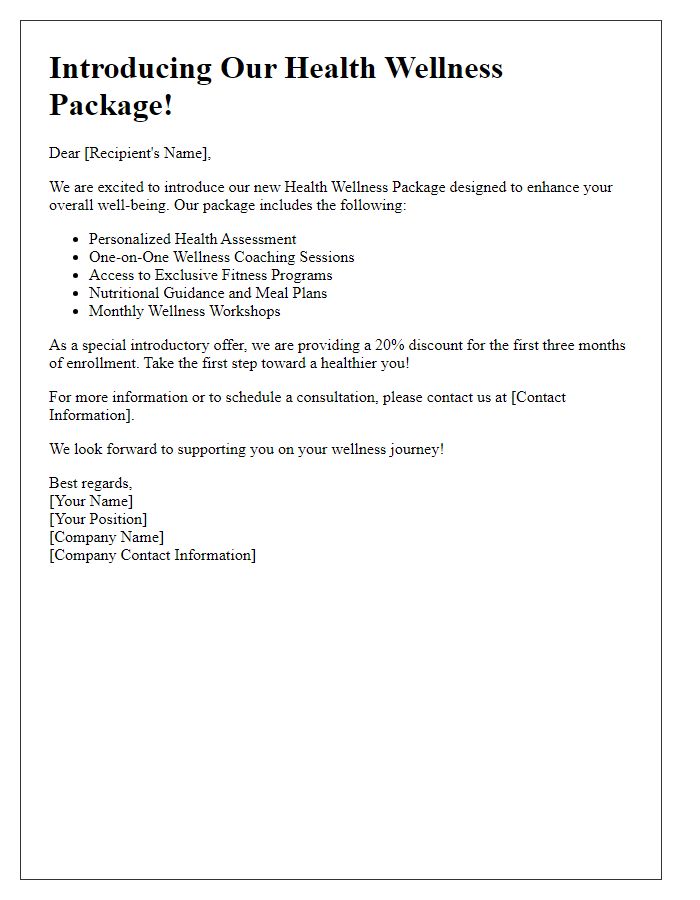 Letter template of an introductory health wellness package offer