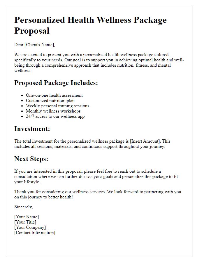 Letter template of a personalized health wellness package proposal