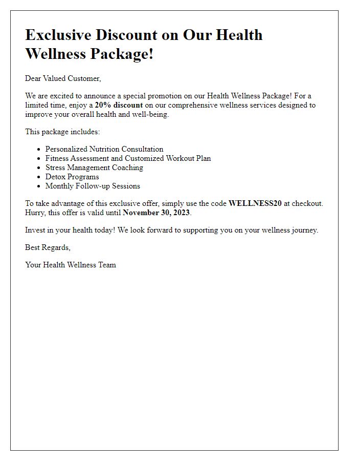 Letter template of a promotional health wellness package discount offer