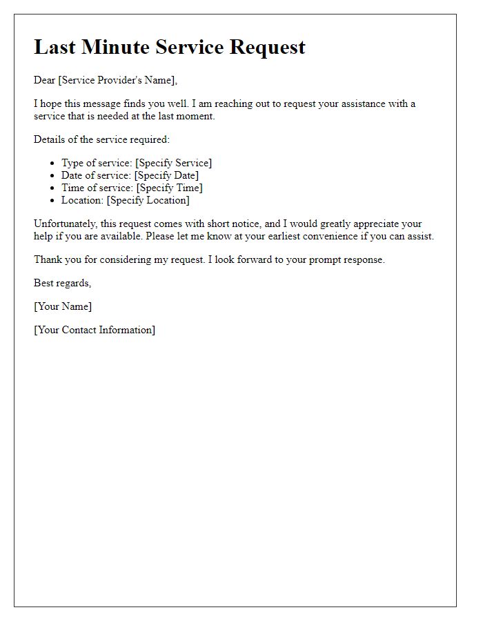 Letter template of last-minute service request