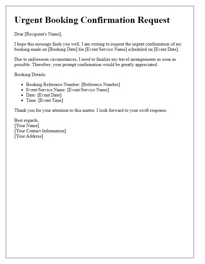 Letter template of urgent booking confirmation request