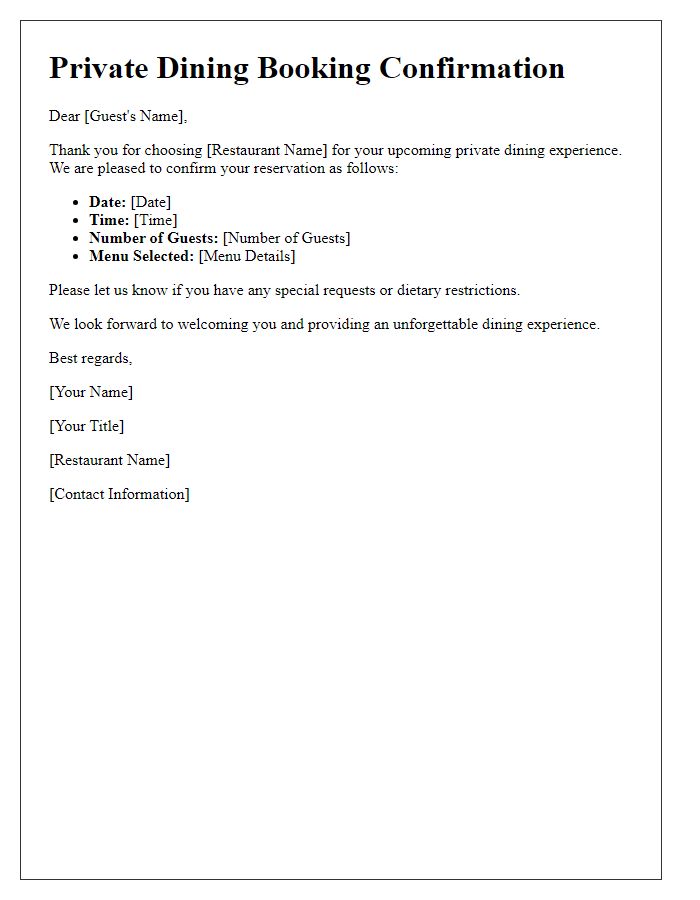 Letter template of private dining booking confirmation