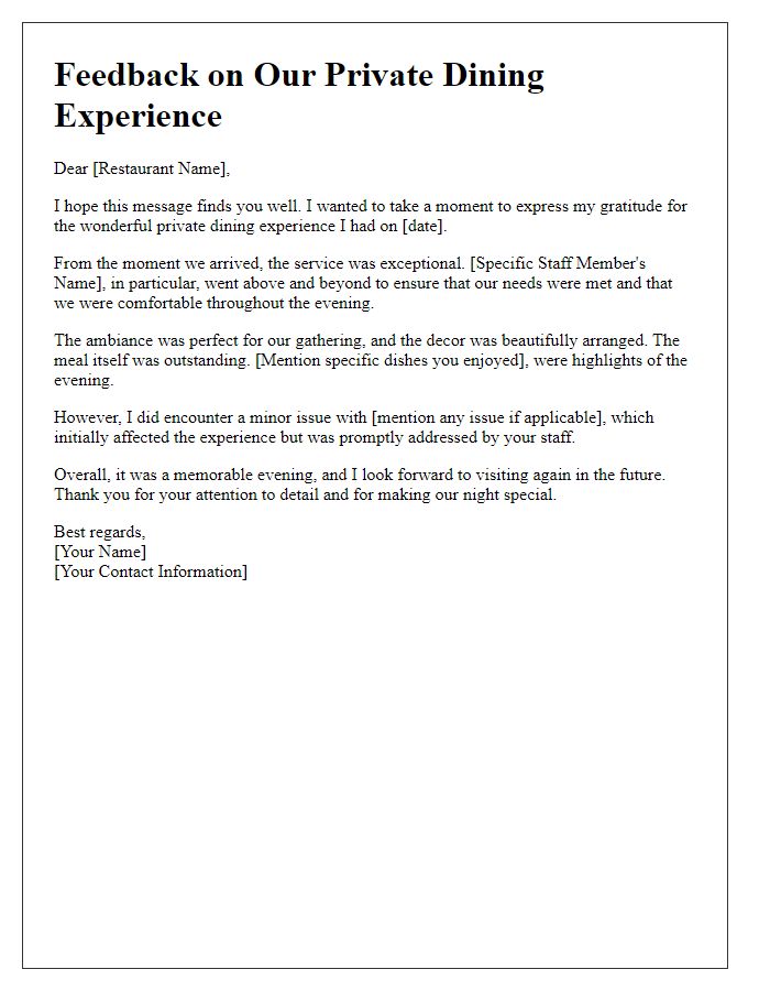 Letter template of private dining experience feedback