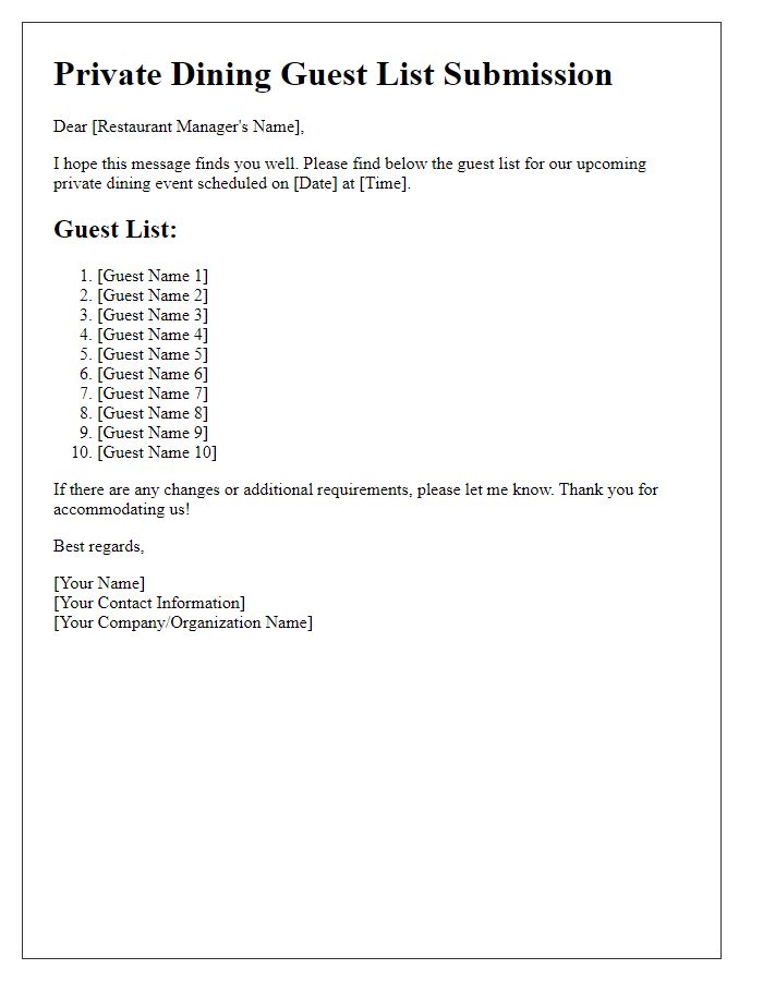 Letter template of private dining guest list submission