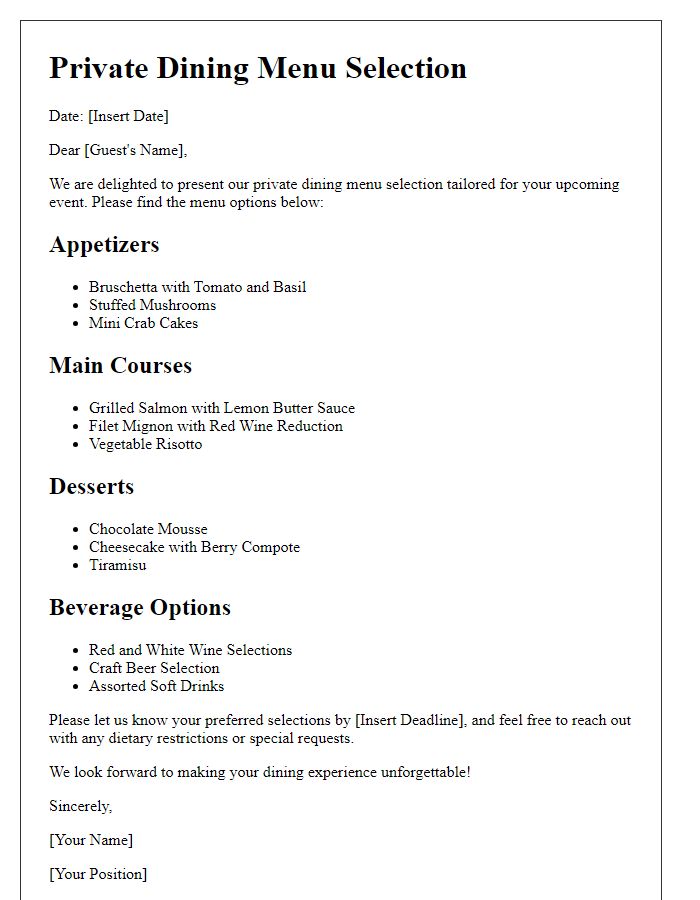 Letter template of private dining menu selection