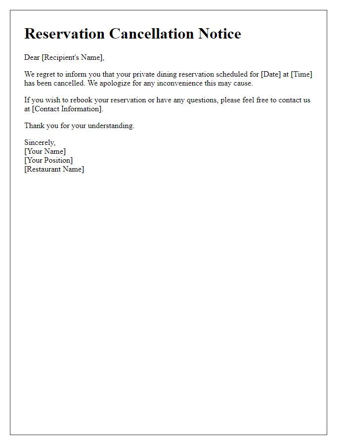 Letter template of private dining reservation cancellation