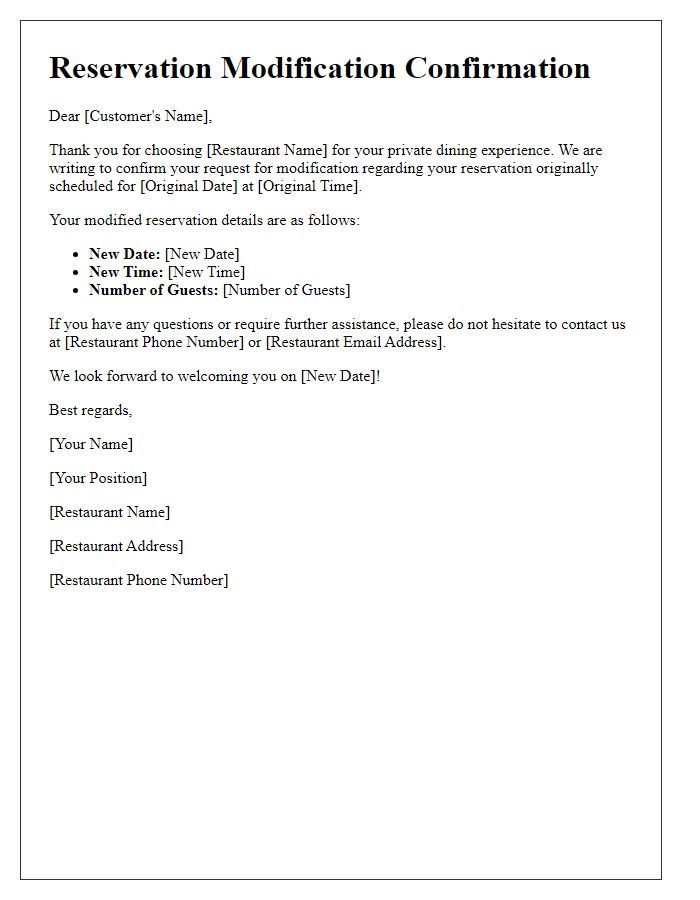 Letter template of private dining reservation modification