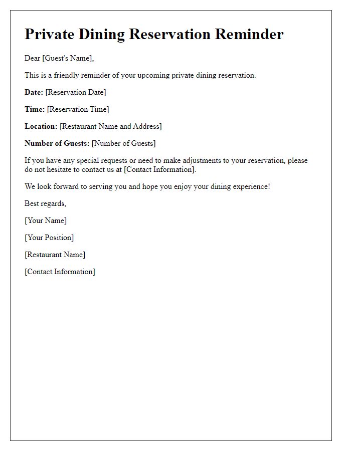 Letter template of private dining reservation reminder