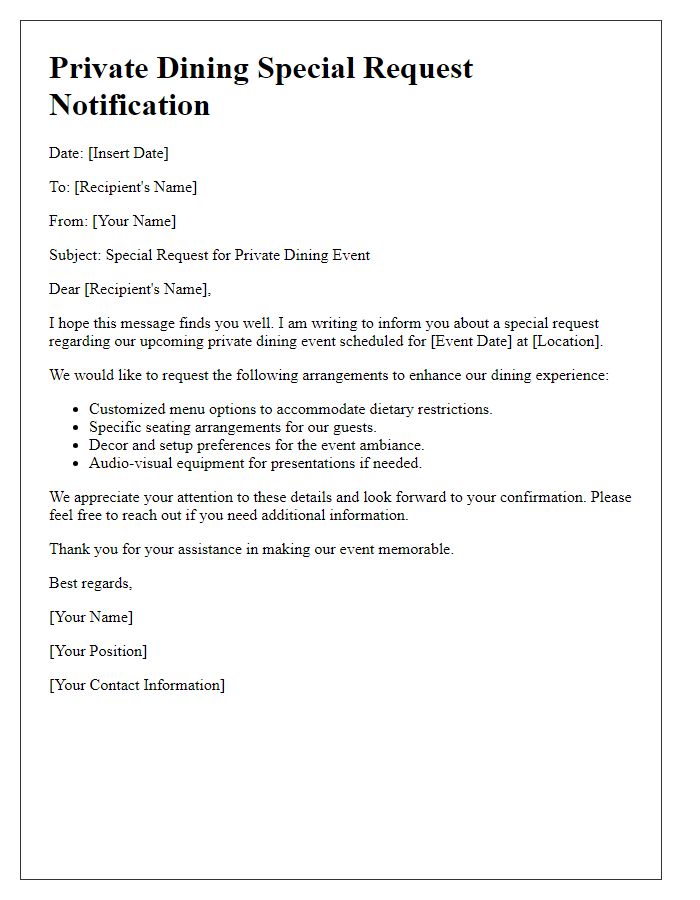 Letter template of private dining special request notification