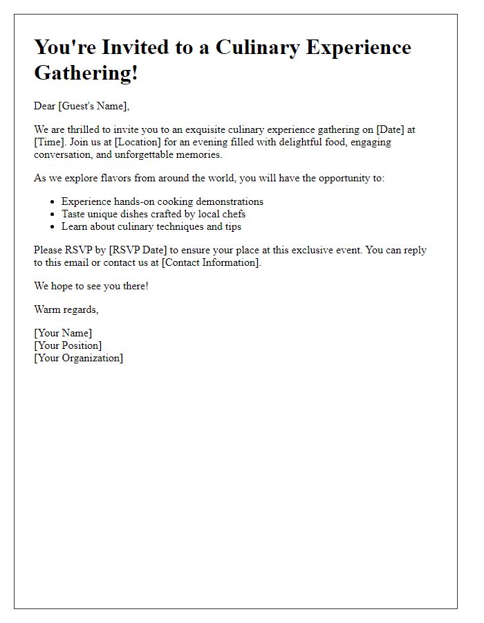 Letter template of culinary experience gathering