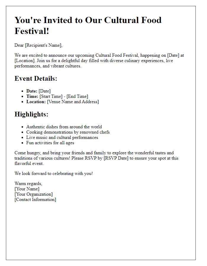 Letter template of cultural food festival invitation