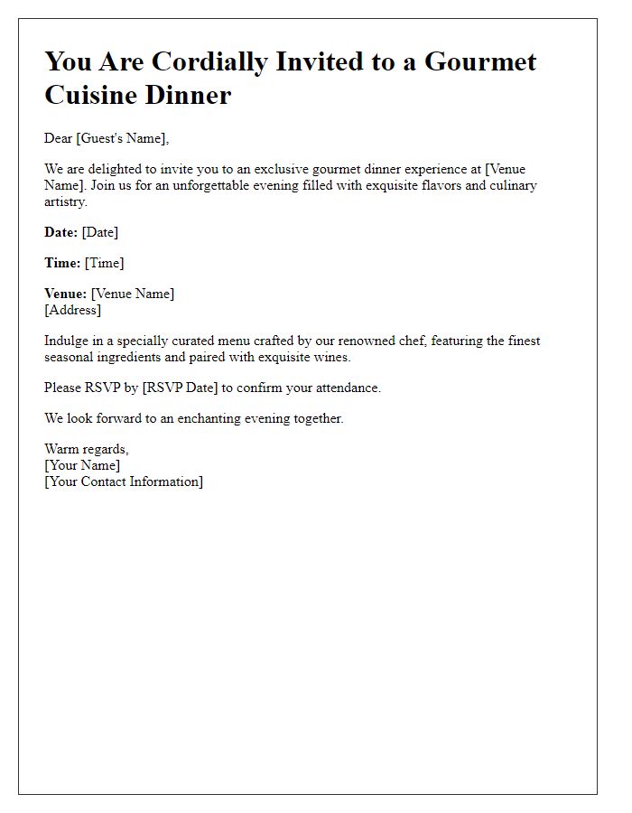 Letter template of gourmet cuisine dinner invitation