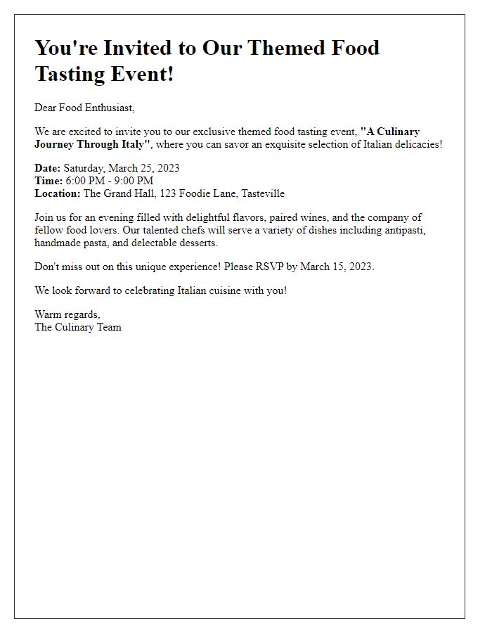 Letter template of themed food tasting event