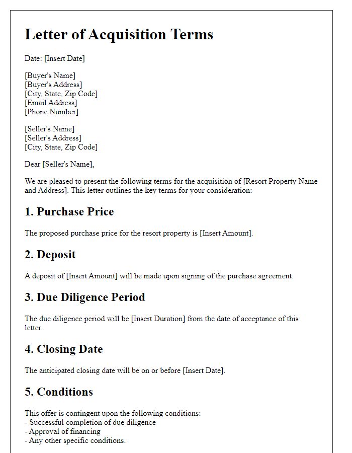 Letter template of acquisition terms for a resort property