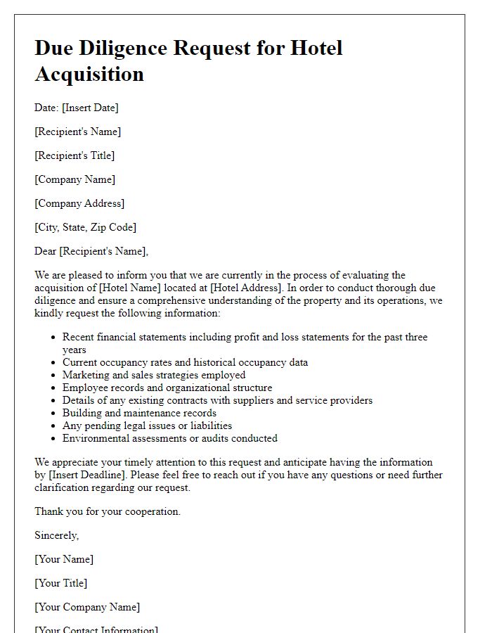 Letter template of due diligence request for hotel acquisition