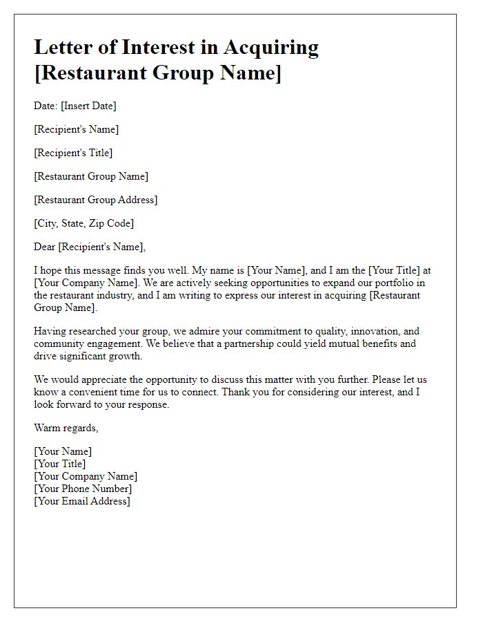 Letter template of interest in acquiring a restaurant group