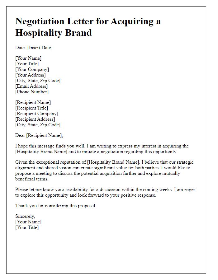 Letter template of negotiation for acquiring a hospitality brand