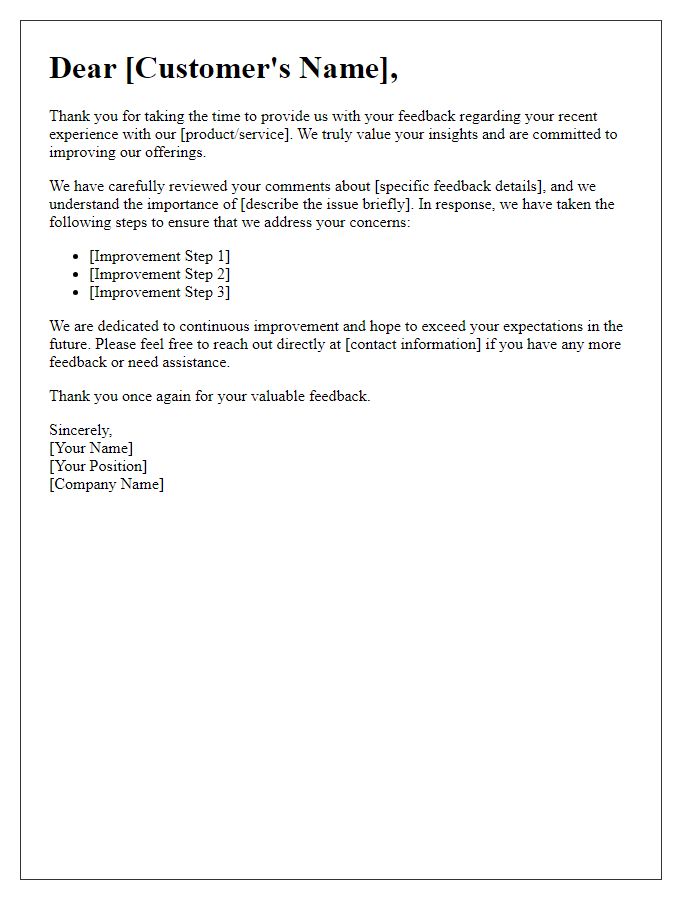 Letter template of commitment to improvement following customer feedback response