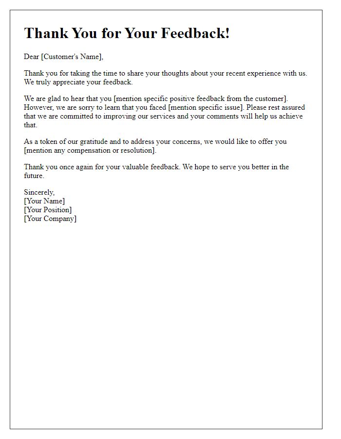 Letter template of personalized response to customer feedback