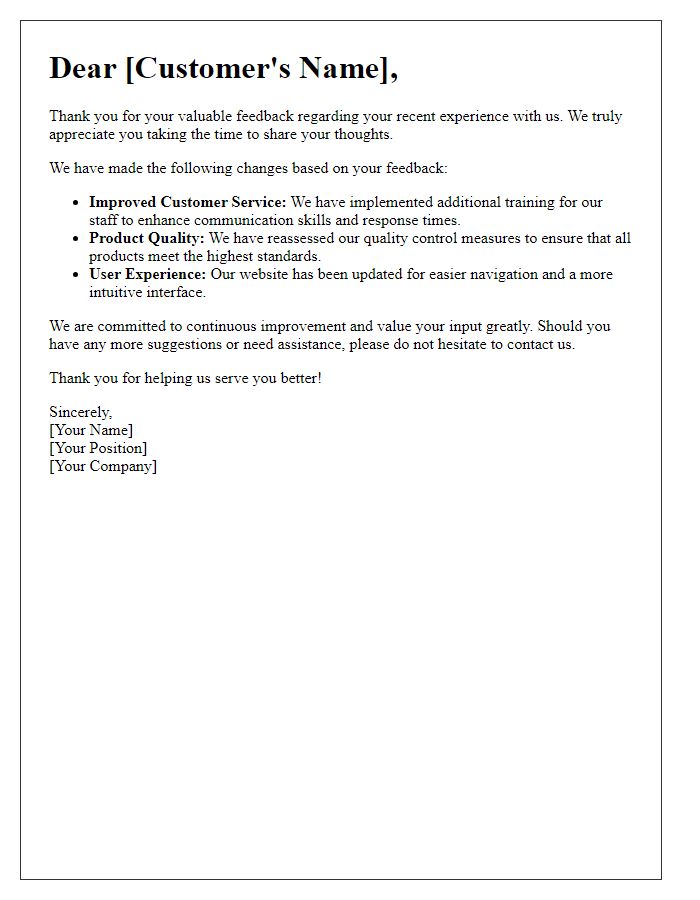 Letter template of sharing changes made from customer feedback response