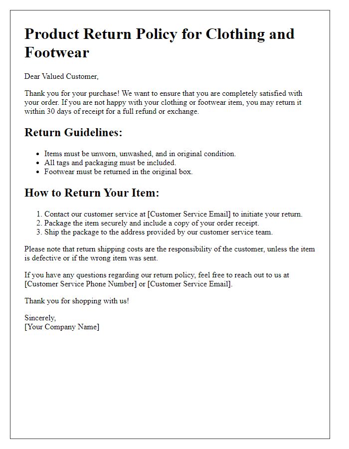 Letter template of product return policy for clothing and footwear.