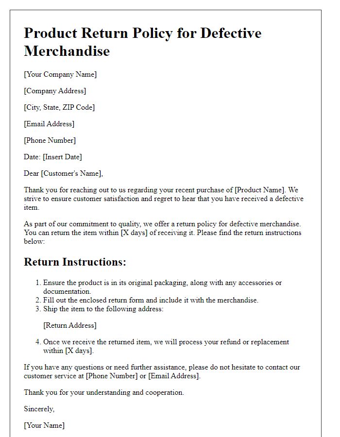 Letter template of product return policy for defective merchandise.