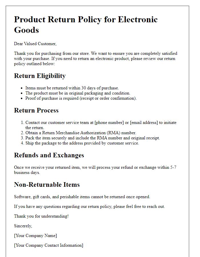 Letter template of product return policy for electronic goods.