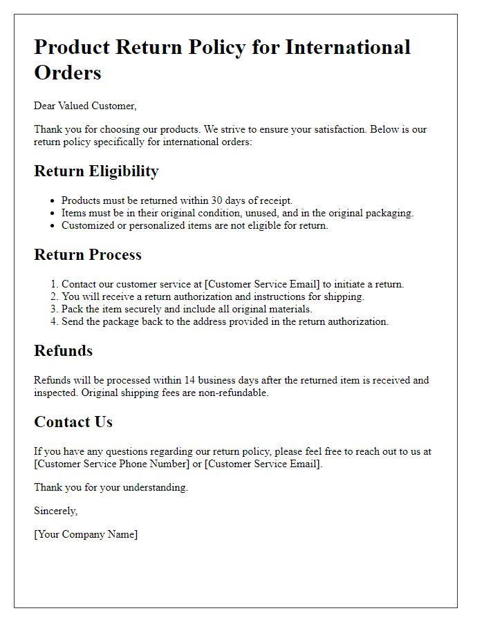 Letter template of product return policy for international orders.