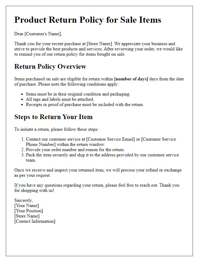 Letter template of product return policy for items bought on sale.