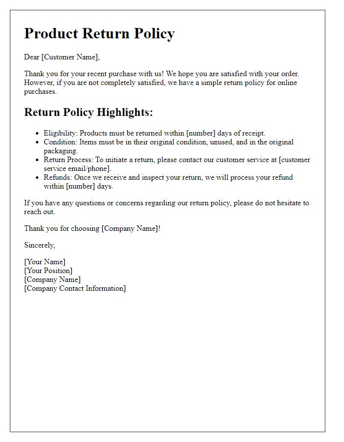 Letter template of product return policy for online purchases.