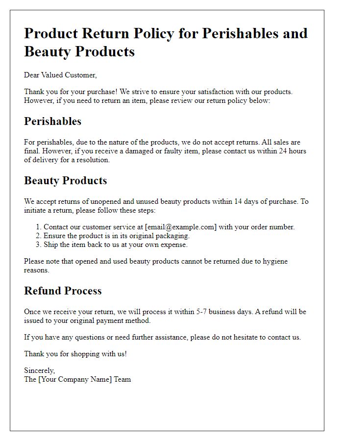 Letter template of product return policy for perishables and beauty products.