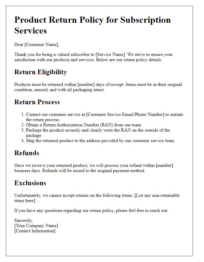 Letter template of product return policy for subscription services.