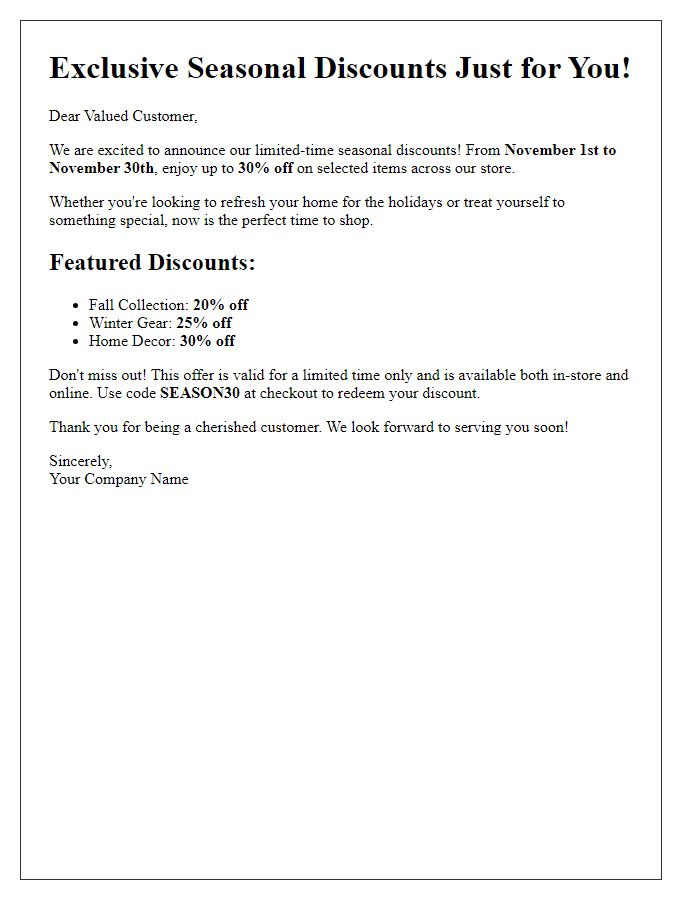 Letter template of limited-time offer for seasonal discounts