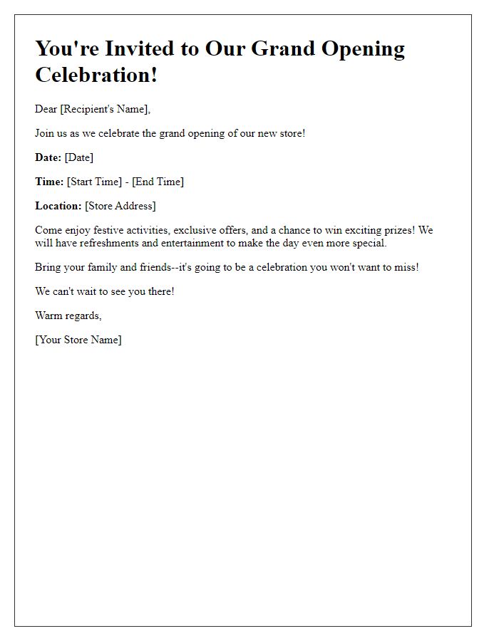 Letter template of festive invitation to our store opening celebration