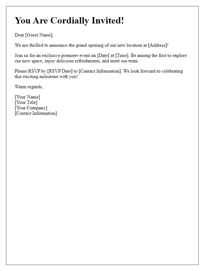 Letter template of special invitation to the premiere of our new location