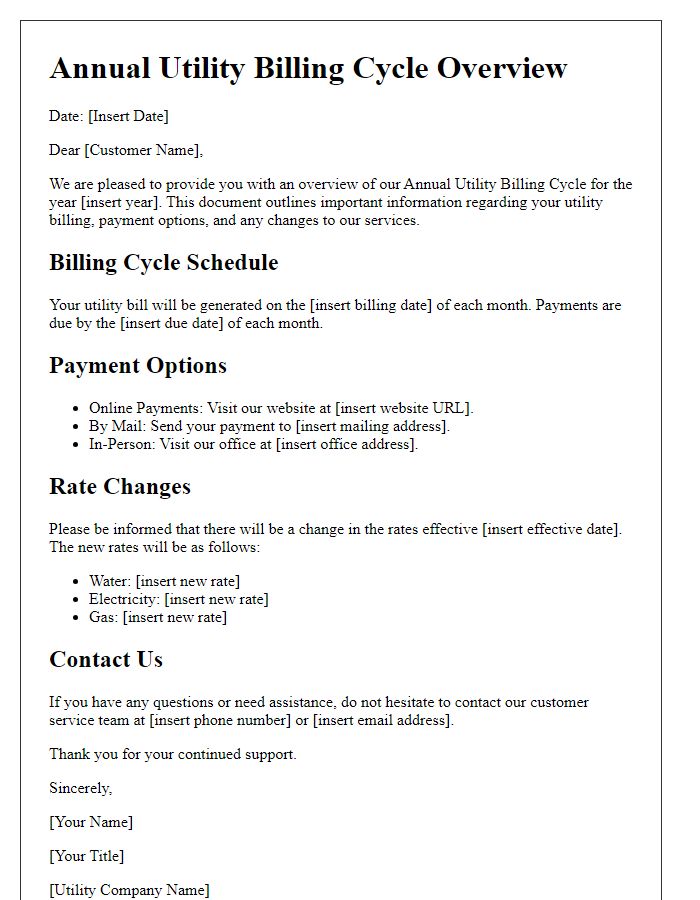 Letter template of Annual Utility Billing Cycle Overview