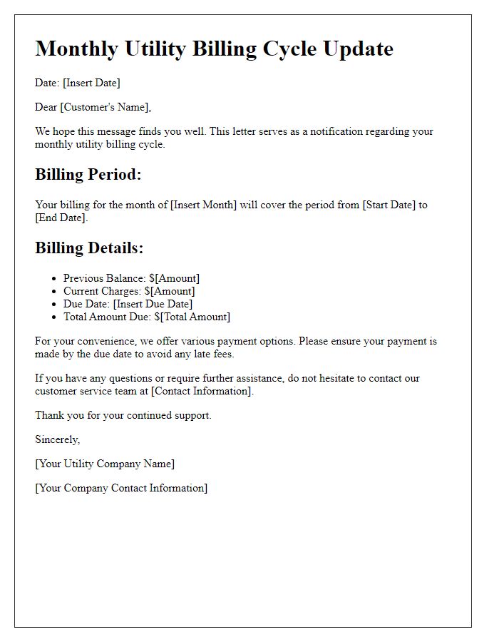 Letter template of Monthly Utility Billing Cycle Update